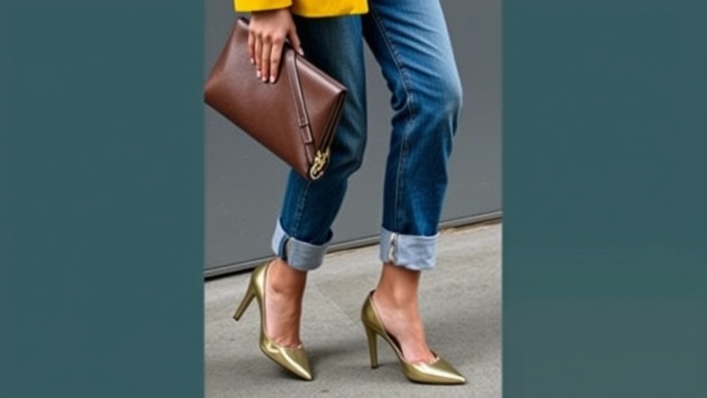 Woman wearing high-waisted boyfriend jeans cuffed at ankle, paired with cropped mustard-yellow jacket and pointed-toe metallic heels, holding oversized designer clutch, embodying 2010 street style fashion
