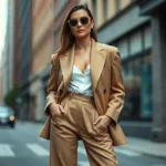 Fashion-forward woman wearing oversized structured blazer with wide-leg trousers and statement sunglasses, editorial photoshoot style, confident pose on urban street