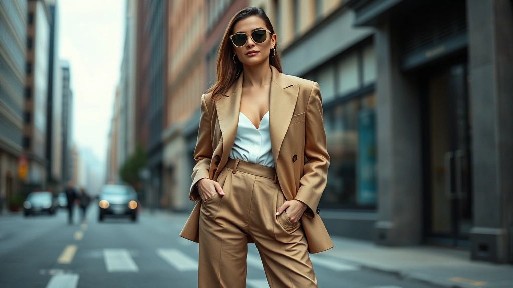 Fashion-forward woman wearing oversized structured blazer with wide-leg trousers and statement sunglasses, editorial photoshoot style, confident pose on urban street