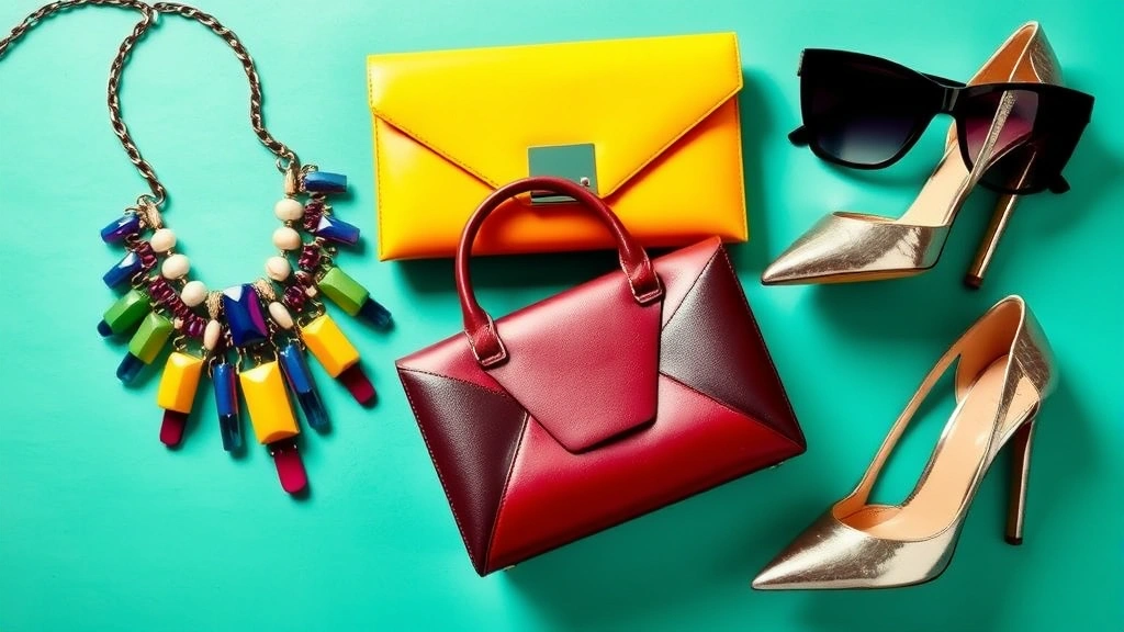 Vibrant flat lay of 2010 fashion accessories: chunky statement necklace, structured geometric bag, neon clutch, metallic heels, and oversized sunglasses arranged artfully