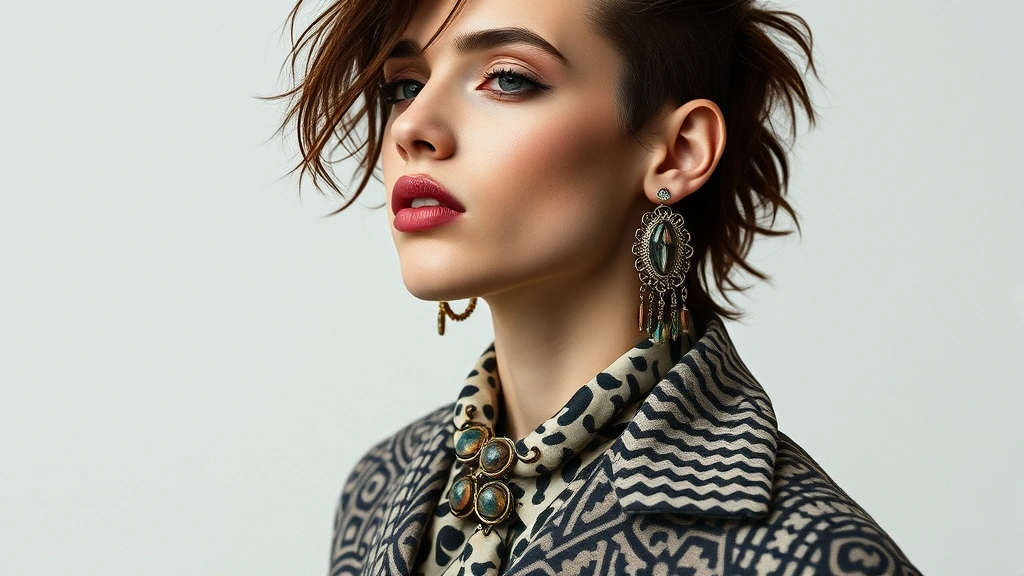 Androgynous model styled in gender-fluid outfit with menswear-inspired tailored pieces, patterned textures, and bold jewelry, modern editorial aesthetic