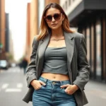 Fashionable woman wearing high-waisted skinny jeans, oversized boyfriend blazer, and enormous tortoiseshell sunglasses, standing on urban street with confident pose, natural daylight