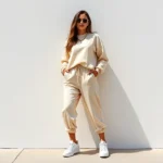 Woman wearing oversized cream athleisure set with premium white sneakers and gold jewelry, standing against minimalist white wall, natural daylight, relaxed confident pose, high-end activewear aesthetic, photorealistic
