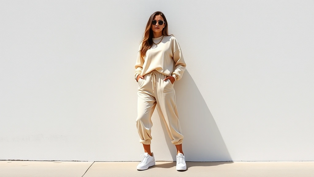 Woman wearing oversized cream athleisure set with premium white sneakers and gold jewelry, standing against minimalist white wall, natural daylight, relaxed confident pose, high-end activewear aesthetic, photorealistic