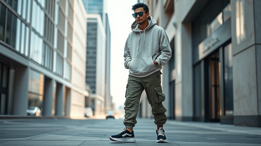 Stylish individual in streetwear outfit featuring oversized designer hoodie, cargo pants, chunky sneakers, and statement accessories, urban street setting with modern architecture, natural sunlight, authentic street style photography