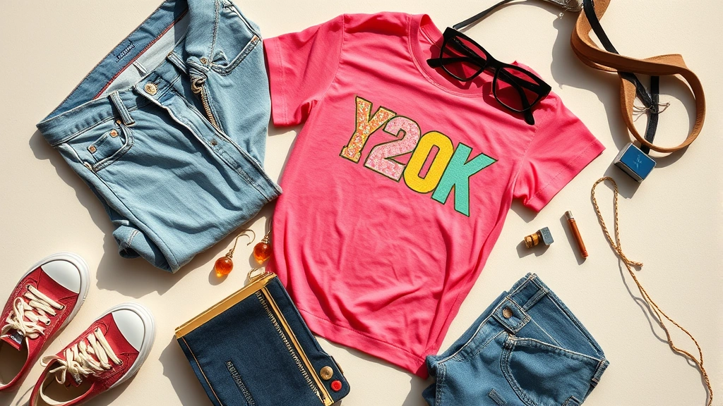 Fashion flat lay featuring vintage Y2K pieces including low-rise denim, colorful baby tee, chunky sunglasses, and nostalgic accessories arranged on neutral background, bright natural lighting, editorial styling, retro-modern aesthetic