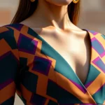 Close-up of a woman wearing a bold geometric patterned dress in jewel tones with a structured silhouette, standing in natural daylight, photorealistic fashion photography