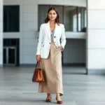 Professional fashion photography of woman wearing oversized minimalist white blazer, neutral beige maxi skirt, pointed-toe flat shoes, holding structured leather handbag, standing in modern urban setting with clean architectural background, natural daylight, editorial style, high fashion aesthetic, no visible text or logos