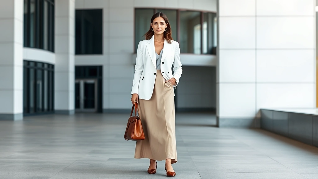 Professional fashion photography of woman wearing oversized minimalist white blazer, neutral beige maxi skirt, pointed-toe flat shoes, holding structured leather handbag, standing in modern urban setting with clean architectural background, natural daylight, editorial style, high fashion aesthetic, no visible text or logos