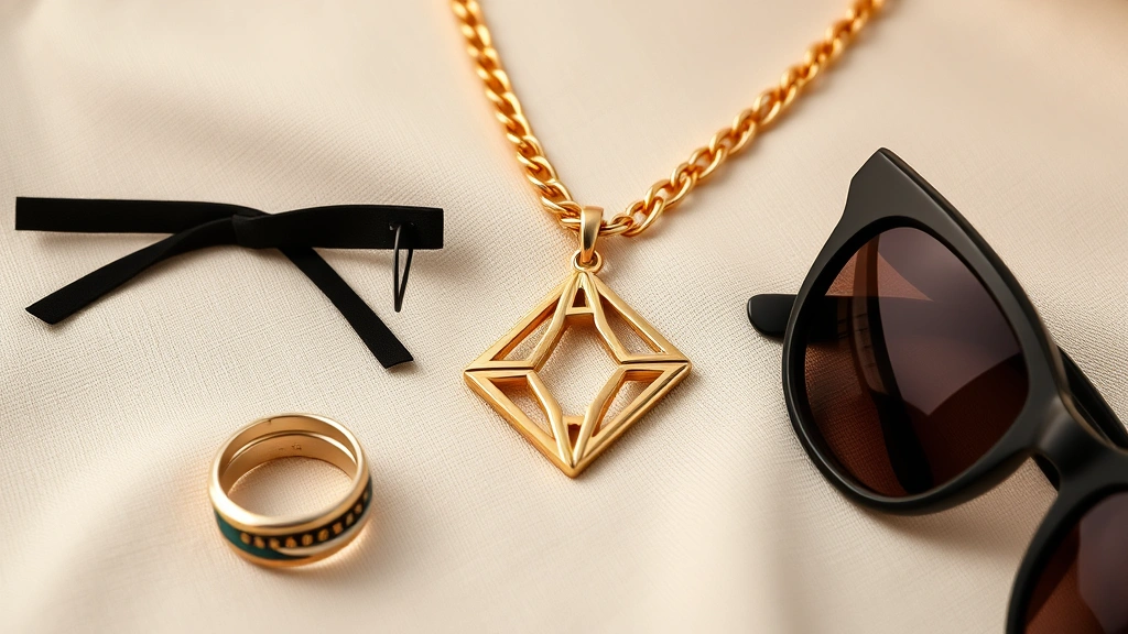 Close-up fashion shot of carefully styled accessories including chunky gold chain necklace, geometric pendant, stacked rings, oversized dark sunglasses arranged artfully on neutral beige fabric background, professional product photography style, luxury aesthetic, clean composition, no text visible