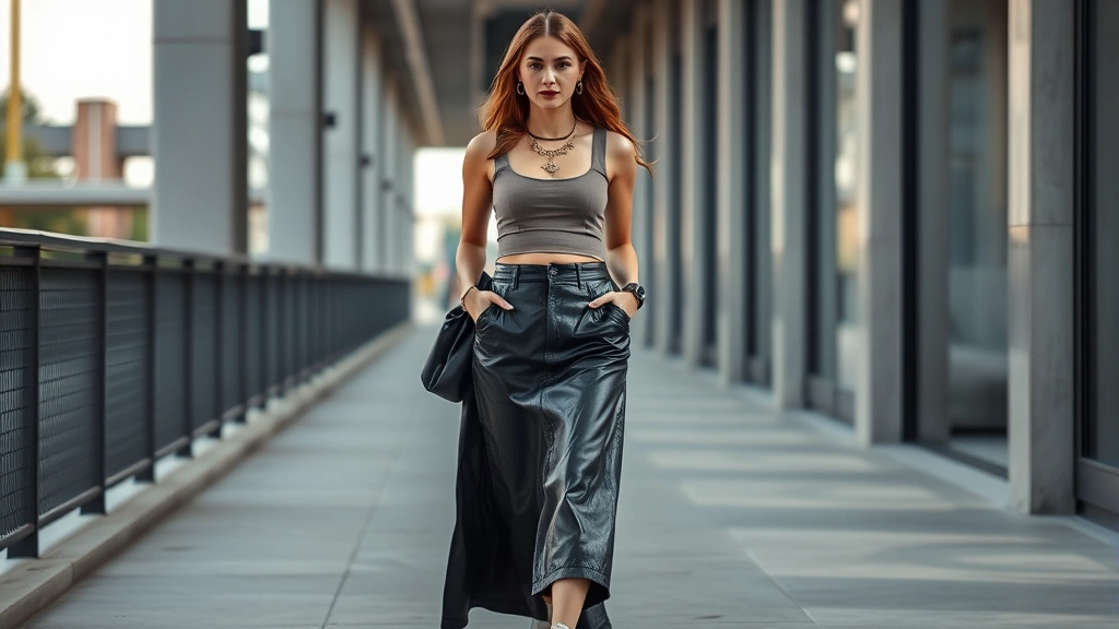 Fashion lifestyle image of woman wearing cropped top with leather maxi skirt, statement jewelry, white minimalist sneakers, walking through contemporary urban environment, confident pose, natural lighting, editorial quality, modern style, no visible signage or text in frame