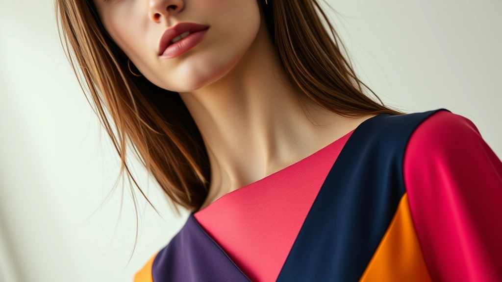 Close-up of a model wearing a geometric shift dress with clean lines and bold color-blocking in deep jewel tones, styled with minimal accessories and contemporary makeup, natural lighting, editorial fashion photography