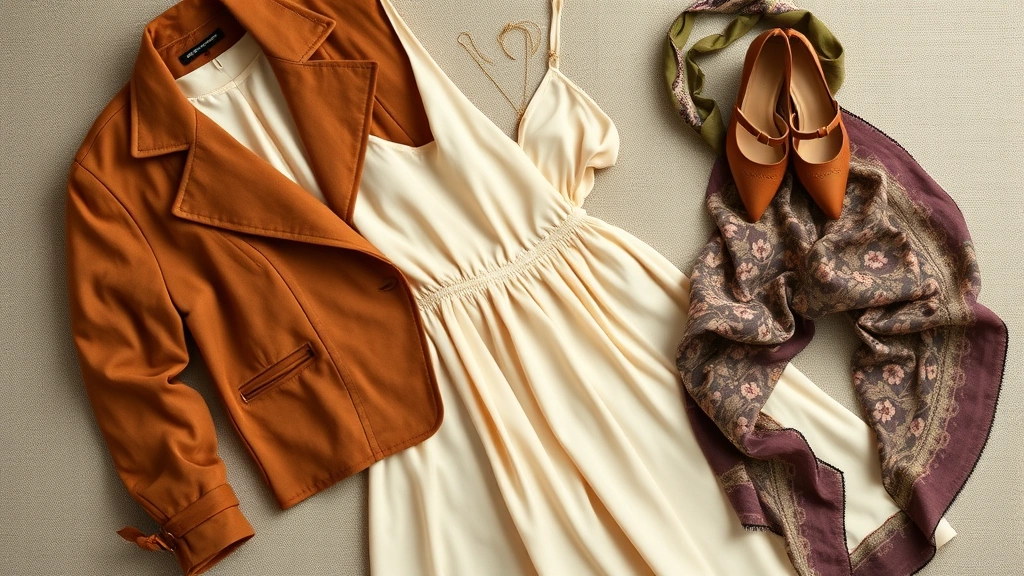 Overhead flat lay of vintage-inspired fashion pieces including a suede jacket in cognac, silk slip dress in cream, pointed-toe flats, delicate gold jewelry, and a patterned scarf arranged artfully on natural linen background