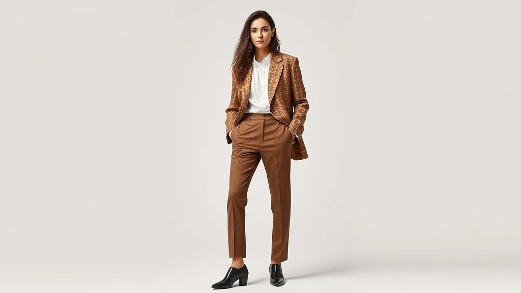 Fashion model wearing structured blazer with interesting fabric texture in warm camel tone, paired with tailored trousers and modern footwear, confident posture, professional lighting, sophisticated editorial styling