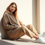 Woman wearing oversized neutral-toned hoodie and tailored sweatpants with white sneakers, sitting confidently in natural daylight, relaxed yet polished aesthetic