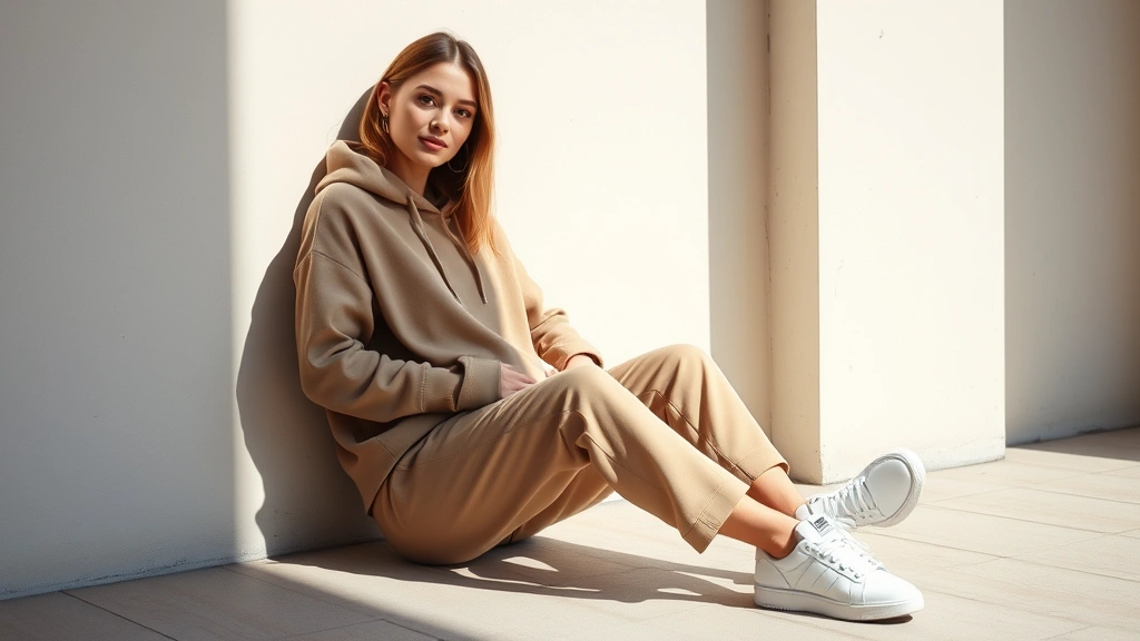 Woman wearing oversized neutral-toned hoodie and tailored sweatpants with white sneakers, sitting confidently in natural daylight, relaxed yet polished aesthetic