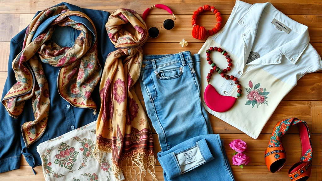 Flat lay of vintage thrifted clothing pieces including patterned silk scarves, retro denim, and colorful vintage accessories arranged artfully on wooden surface