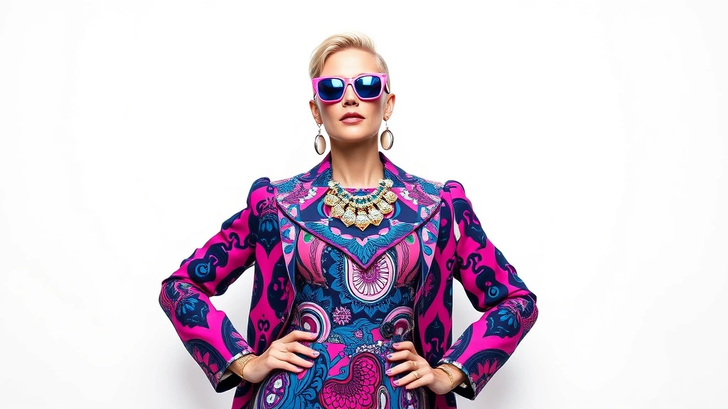 Person wearing bold electric blue and hot pink maximalist outfit with mixed patterns, statement jewelry, and confident posture against minimalist white background