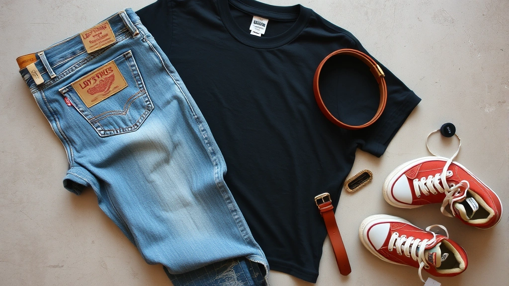 Flat lay of vintage thrifted pieces including faded Levi's jeans, vintage band t-shirt, classic leather belt, worn-in sneakers, and small accessories arranged artfully on neutral background