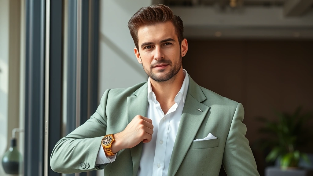 Man in professional setting wearing sage green oversized suit with crisp white shirt, vintage gold watch, styled hair, confident pose near modern office window with natural light streaming in
