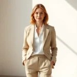 Woman in her 30s wearing tailored neutral blazer with white shirt and tailored trousers, standing confidently in natural light, sophisticated minimalist aesthetic