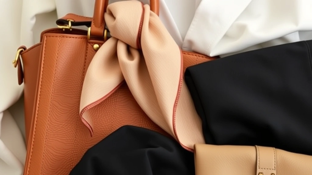 Close-up of luxury wardrobe essentials including quality leather handbag, silk scarf, delicate gold jewelry, and neutral colored basics arranged artfully