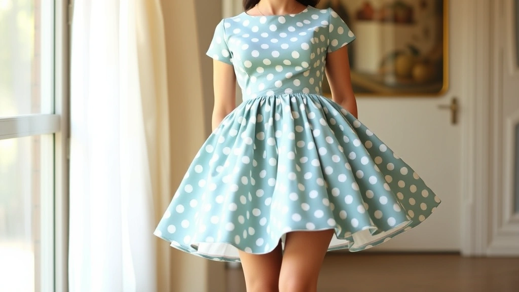 Woman wearing polka dot circle dress with full skirt, cinched waist, standing in vintage-inspired pose, soft natural lighting, pastel colors, 1950s aesthetic