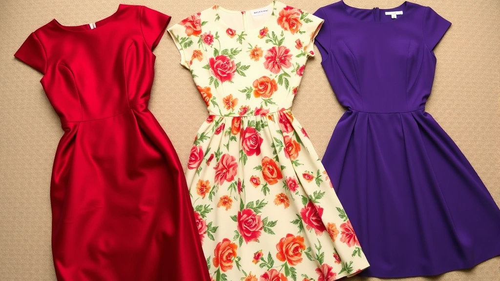 Flat lay of three vintage 50s dresses: sheath dress in jewel tone, circle dress with floral print, fit-and-flare dress in solid color, detailed fabric textures visible