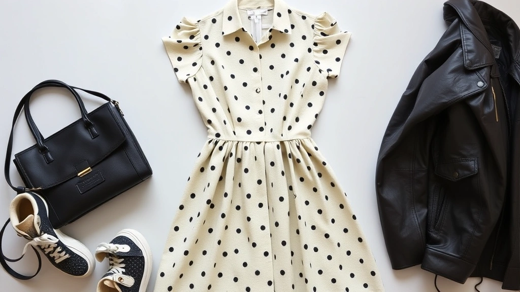 Fashion stylist arranging vintage 50s dress with modern accessories—contemporary sneakers, minimalist handbag, leather jacket draped nearby, showing era-mixing styling