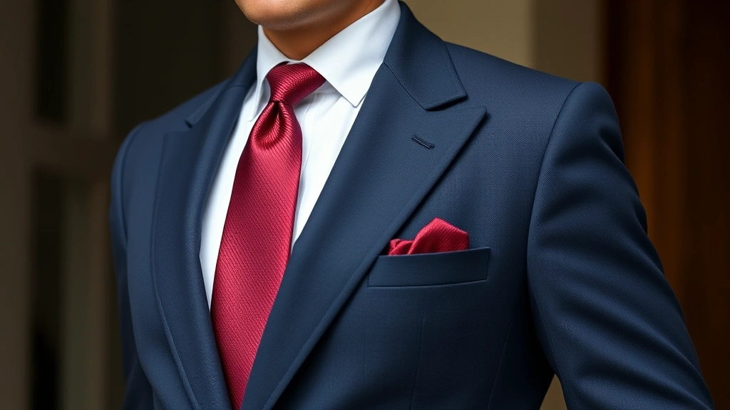 A well-dressed man in a navy sport coat, crisp white shirt, and burgundy silk tie, standing confidently with perfect posture, showcasing 1950s tailoring and refined masculine presentation