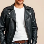 A well-groomed man wearing a classic black leather motorcycle jacket, white fitted t-shirt, and dark denim jeans, standing against a neutral backdrop with perfect 50s styling and modern grooming