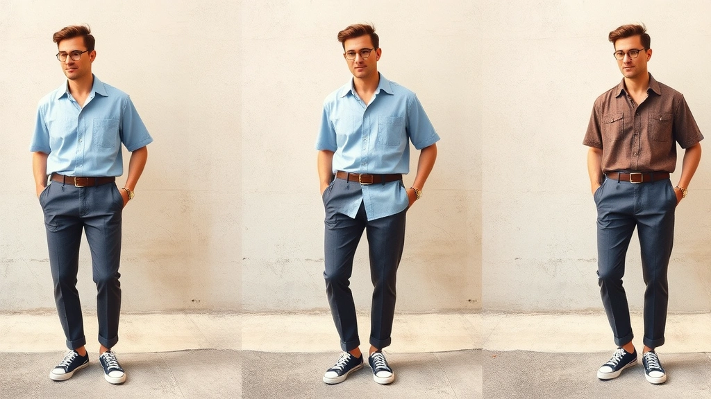 A stylish man in a tailored light blue short-sleeved camp collar shirt, high-waisted charcoal trousers, and vintage sneakers, showcasing authentic 1950s menswear proportions and silhouettes