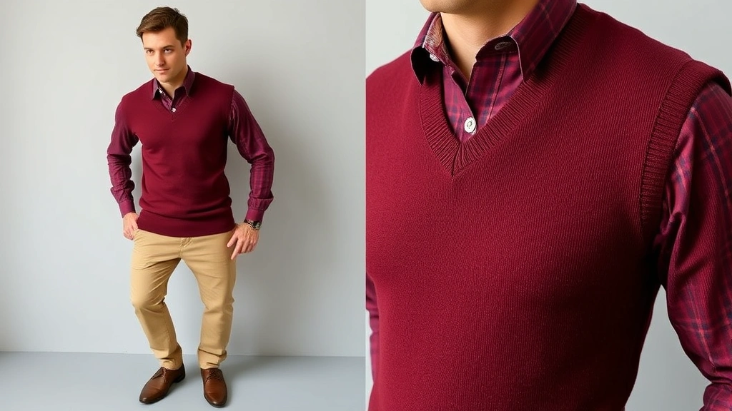 A sharp man in a burgundy button-down shirt layered under a fitted sweater vest, paired with tailored chinos and leather loafers, demonstrating preppy 50s aesthetic with polished grooming