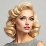 Professional photorealistic image of a woman with perfect 1950s pin curl waves in soft blonde hair, styled elegantly against a neutral studio background, showing the intricate wave pattern and vintage glamour