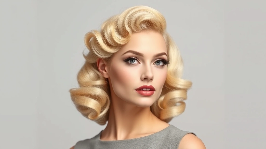 Professional photorealistic image of a woman with perfect 1950s pin curl waves in soft blonde hair, styled elegantly against a neutral studio background, showing the intricate wave pattern and vintage glamour