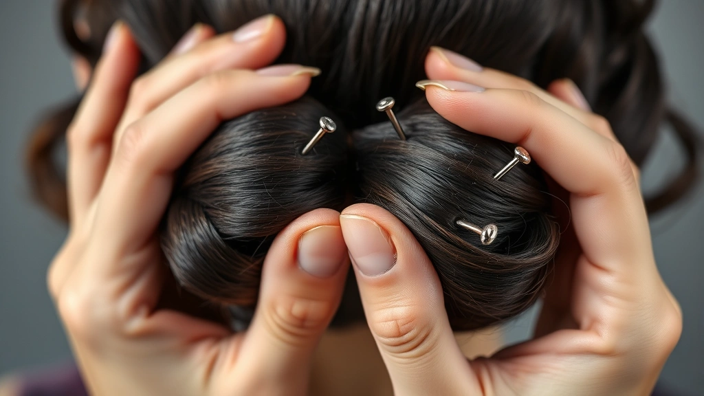 Close-up photorealistic shot of hands demonstrating pin curl technique on damp dark hair, with multiple metal clips and pins visible, showing the precise cylindrical shape and professional styling method