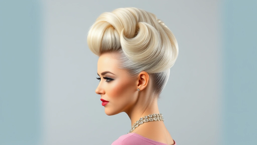 Full-length photorealistic portrait of a woman wearing a classic 1950s bouffant hairstyle with voluminous teased crown, styled in platinum blonde, photographed from the side to showcase the architectural height and shape of the style