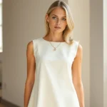 Woman wearing structured cream-colored A-line shift dress with minimal jewelry, standing in bright natural light, modern minimalist aesthetic, confident posture, sleek blonde hair, sophisticated and timeless