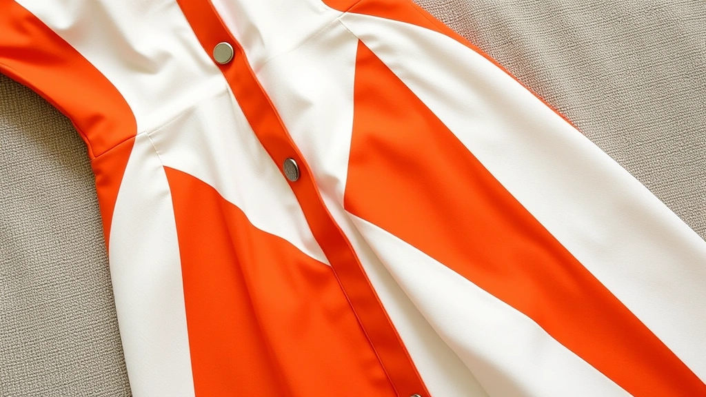Close-up detail of authentic 1960s mod dress featuring bold geometric color blocking in orange and white, crisp tailored seaming, metal zipper visible, laid flat on neutral background showing construction quality