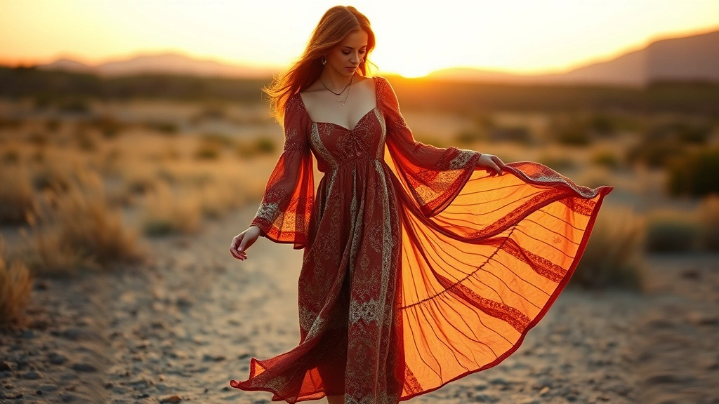 Elegant woman in late 1960s maxi dress with flowing bohemian fabric in warm earth tones, empire waistline, bell sleeves, paired with delicate jewelry and strappy sandals, sunset lighting, romantic and ethereal mood