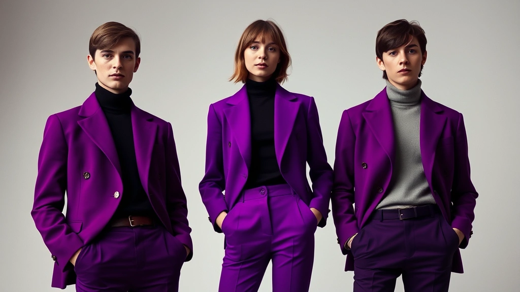 Mid-1960s British Invasion style: collarless jacket in electric purple, fitted turtleneck underneath, slim-fit trousers in matching tone, Chelsea boots, model with slightly longer hair styled neatly, sophisticated yet youthful aesthetic, professional fashion editorial lighting, neutral backdrop
