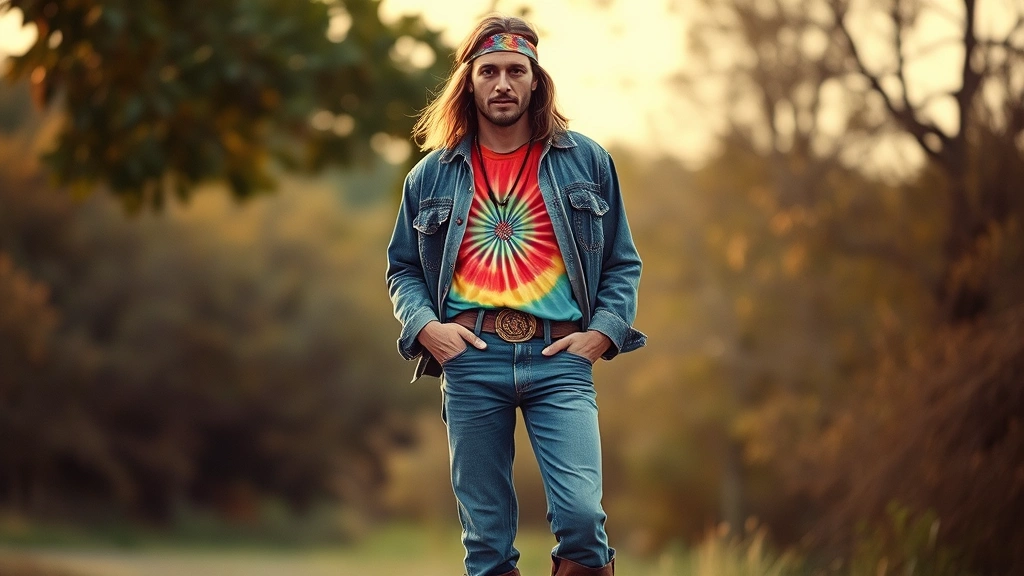 Late 1960s hippie counterculture fashion: man wearing bell-bottom flared trousers in faded denim, tie-dye patterned shirt in psychedelic colors worn loose and unbuttoned, layered with vintage denim jacket, beaded necklace, leather boots, longer natural hair with headband, relaxed bohemian pose, warm vintage-inspired lighting, outdoor natural setting