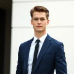 Young man wearing slim-fit navy suit with narrow lapels, white Oxford shirt, and thin black tie, standing confidently in urban setting, clean geometric background, professional fashion photography