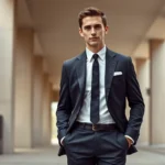 Stylish young man wearing slim-fitting 1960s mod suit with narrow tie and pointed-toe shoes, standing confidently in urban setting with clean architectural background, natural daylight, photorealistic fashion photography