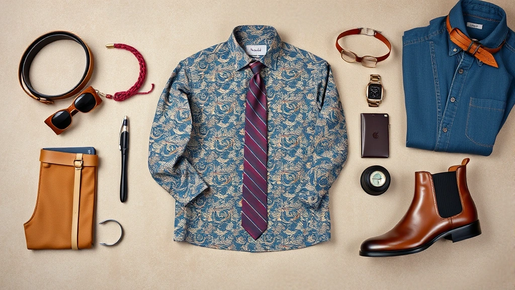 Vintage 1960s menswear flat lay featuring paisley patterned shirt, narrow tie, leather Chelsea boots, and accessories arranged artfully on neutral surface, professional product photography style, vibrant era-appropriate colors
