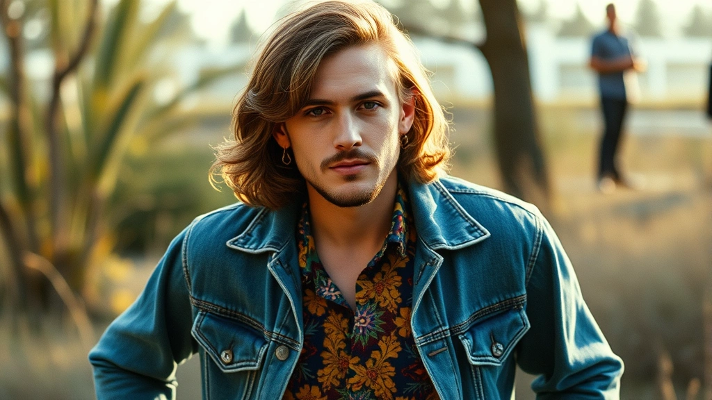 Handsome man modeling late 1960s counterculture fashion with vintage denim jacket, colorful patterned shirt, long hair, and bohemian accessories, natural outdoor setting with soft natural lighting, authentic vintage aesthetic