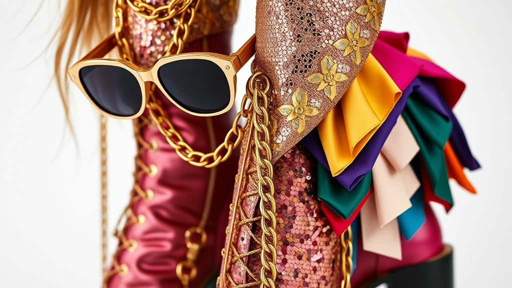Close-up of disco fashion details: metallic fabrics with sequins, layered gold chains, oversized sunglasses, and platform boots arranged artfully with jewel-toned fabric swatches