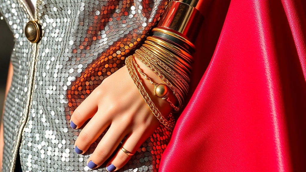 Close-up of disco fashion details: sequined vest in silver, stacked gold bangles, body chain jewelry, and a jewel-toned satin fabric swatch with natural lighting