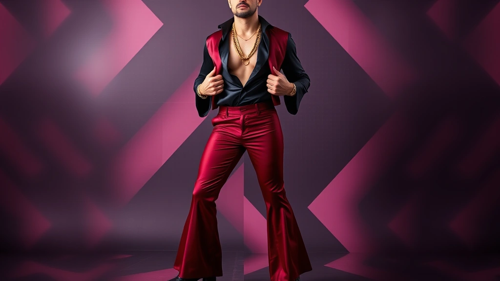 Man in burgundy bell-bottom trousers with fitted black satin shirt open at chest, gold chains, rings, and platform shoes, posed against disco-inspired geometric background