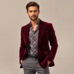 A well-dressed man wearing a burgundy velvet wide-lapel blazer with subtle flare trousers and a patterned shirt, standing confidently against a neutral backdrop, embodying 1970s disco glamour with modern styling